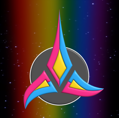 A Klingon emblem in pansexual pride colours.